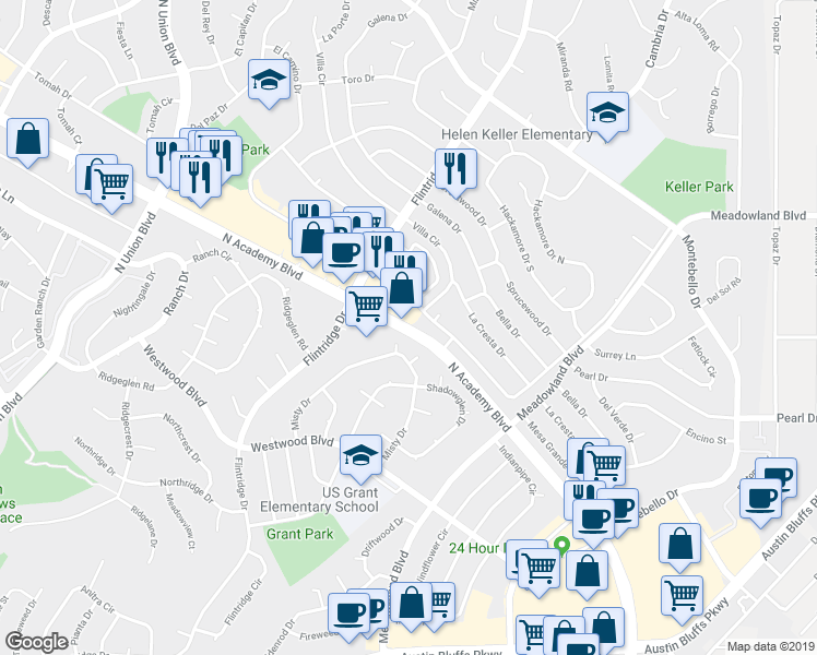 map of restaurants, bars, coffee shops, grocery stores, and more near 4737 N Academy Blvd in Colorado Springs