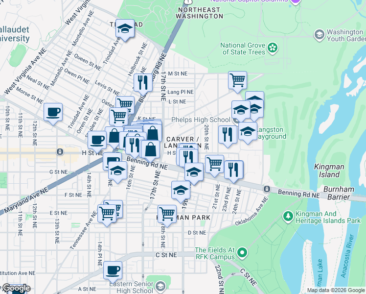 map of restaurants, bars, coffee shops, grocery stores, and more near 101 Independence Avenue Southeast in Washington