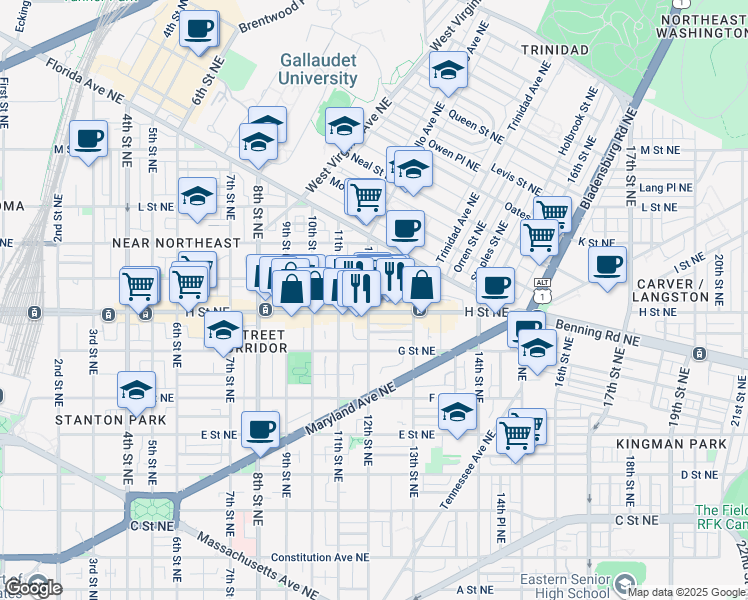map of restaurants, bars, coffee shops, grocery stores, and more near 813 12th Street Northeast in Washington