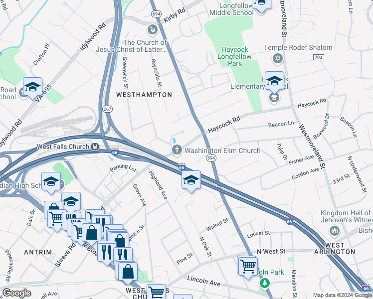 map of restaurants, bars, coffee shops, grocery stores, and more near 2226 Westwood Place in Falls Church
