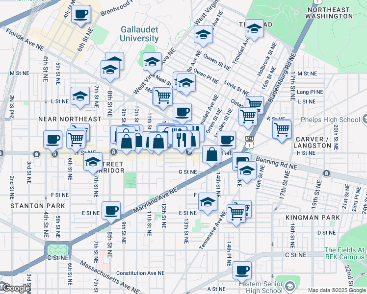 map of restaurants, bars, coffee shops, grocery stores, and more near 810 13th Street Northeast in Washington