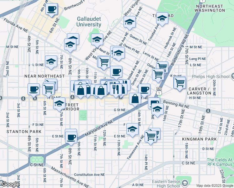map of restaurants, bars, coffee shops, grocery stores, and more near 810 13th Street Northeast in Washington