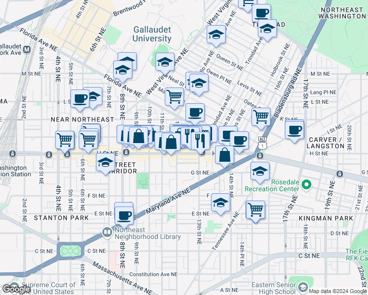 map of restaurants, bars, coffee shops, grocery stores, and more near 1213 Wylie Street Northeast in Washington