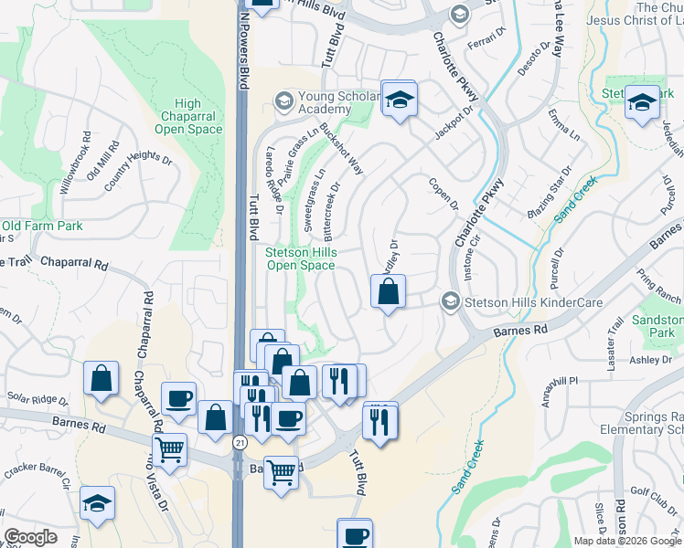 map of restaurants, bars, coffee shops, grocery stores, and more near 4711 Skywriter Circle in Colorado Springs