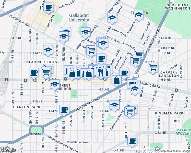 map of restaurants, bars, coffee shops, grocery stores, and more near 1213 Wylie Street Northeast in Washington