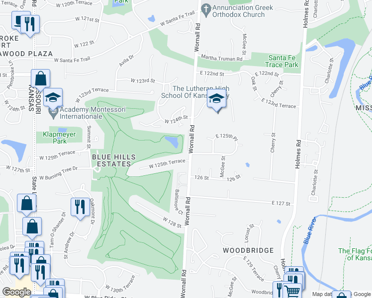 map of restaurants, bars, coffee shops, grocery stores, and more near 12510 Wornall Road in Kansas City