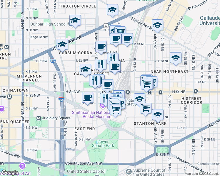 map of restaurants, bars, coffee shops, grocery stores, and more near 101 Independence Avenue Southeast in Washington
