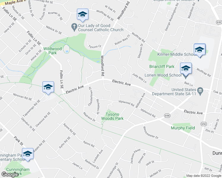 map of restaurants, bars, coffee shops, grocery stores, and more near 2221 Woodford Road in Vienna