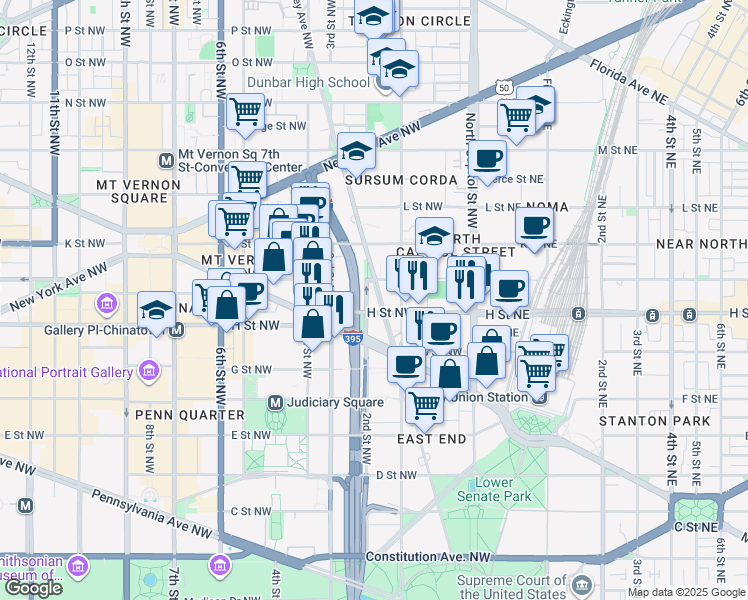 map of restaurants, bars, coffee shops, grocery stores, and more near 810 New Jersey Avenue Northwest in Washington