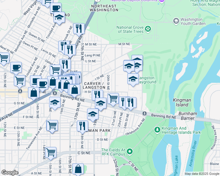 map of restaurants, bars, coffee shops, grocery stores, and more near 813 20th Street Northeast in Washington
