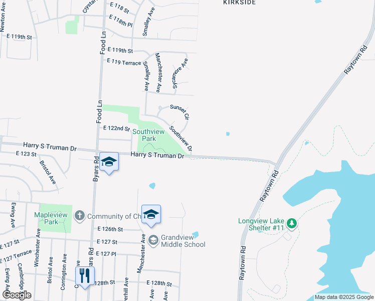 map of restaurants, bars, coffee shops, grocery stores, and more near 8013 Southview Drive in Grandview