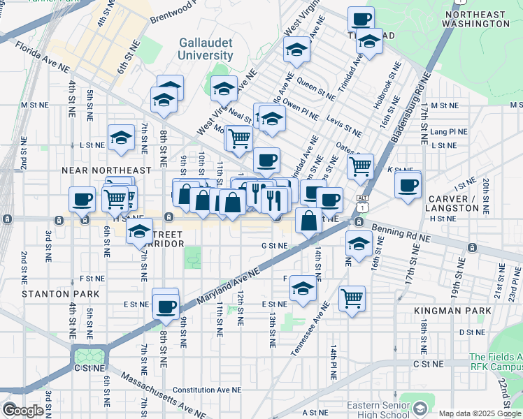 map of restaurants, bars, coffee shops, grocery stores, and more near 1239 Wylie Street Northeast in Washington