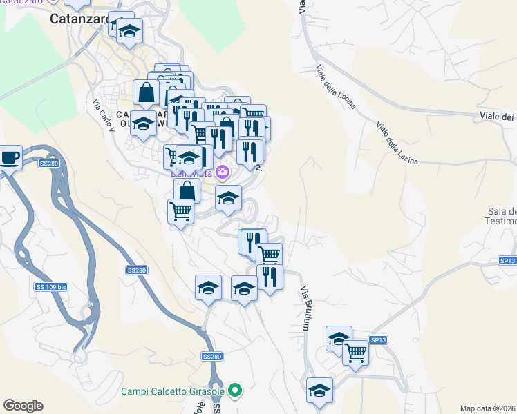 map of restaurants, bars, coffee shops, grocery stores, and more near 57 Viale dei Bizantini in Catanzaro