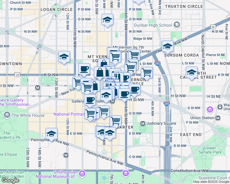 map of restaurants, bars, coffee shops, grocery stores, and more near 636 I Street Northwest in Washington