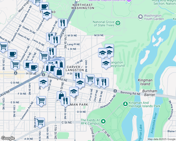 map of restaurants, bars, coffee shops, grocery stores, and more near 813 20th Street Northeast in Washington