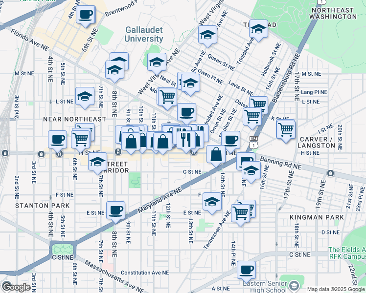 map of restaurants, bars, coffee shops, grocery stores, and more near 1239 Wylie Street Northeast in Washington