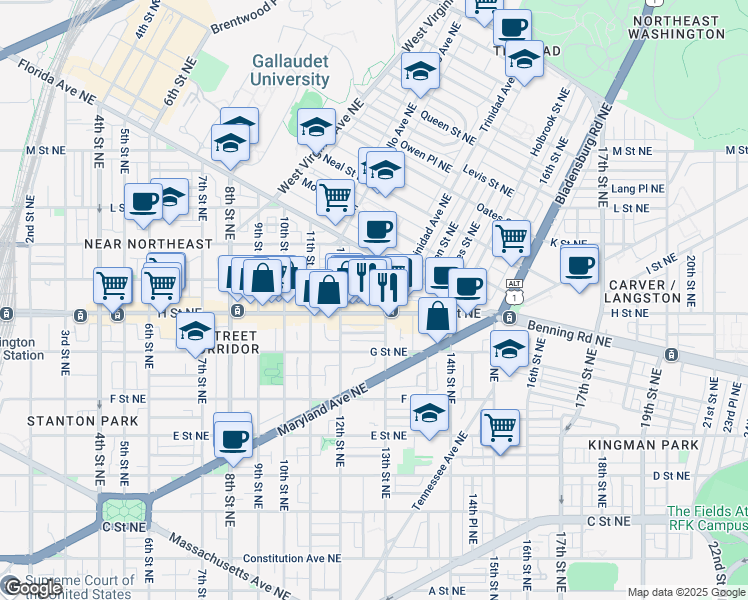 map of restaurants, bars, coffee shops, grocery stores, and more near 101 Independence Avenue Southeast in Washington