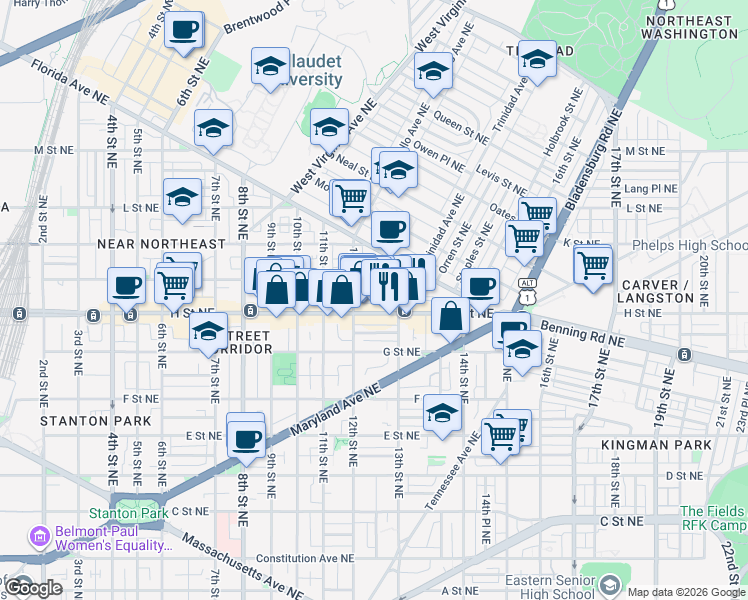map of restaurants, bars, coffee shops, grocery stores, and more near 101 Independence Avenue Southeast in Washington