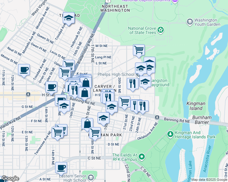 map of restaurants, bars, coffee shops, grocery stores, and more near 833 19th Street Northeast in Washington