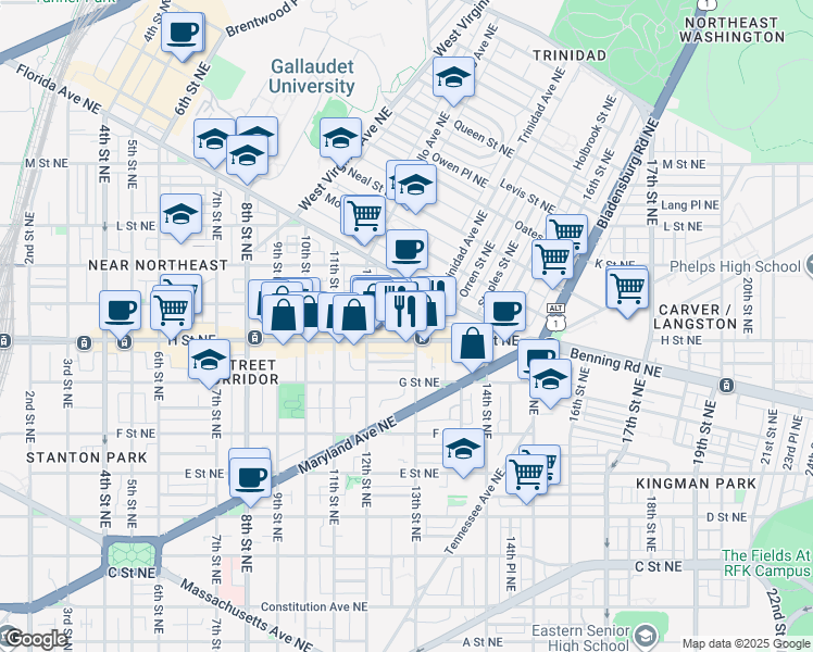 map of restaurants, bars, coffee shops, grocery stores, and more near 101 Independence Avenue Southeast in Washington