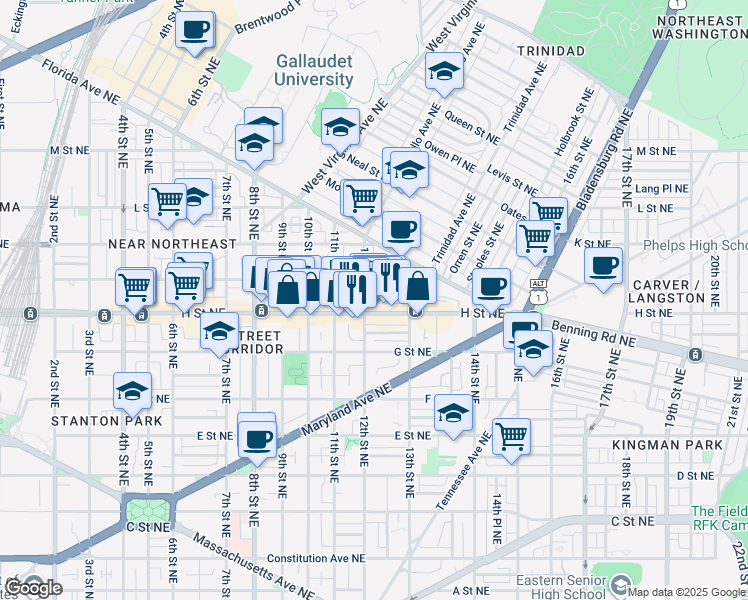 map of restaurants, bars, coffee shops, grocery stores, and more near 1205 Wylie Street Northeast in Washington