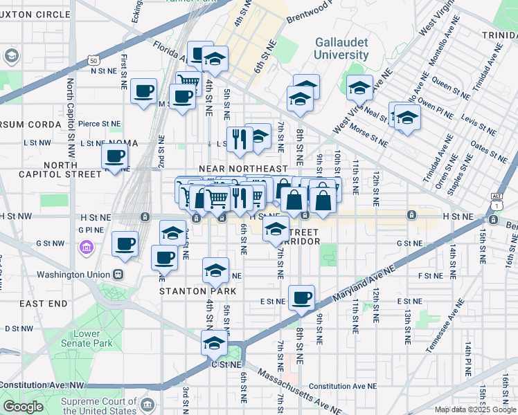 map of restaurants, bars, coffee shops, grocery stores, and more near 101 Independence Avenue Southeast in Washington