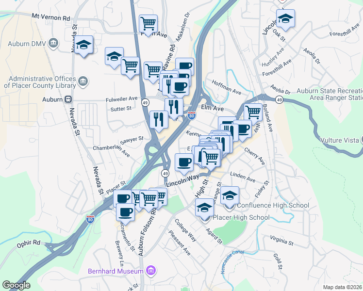 map of restaurants, bars, coffee shops, grocery stores, and more near 181 Kenmass Avenue in Auburn
