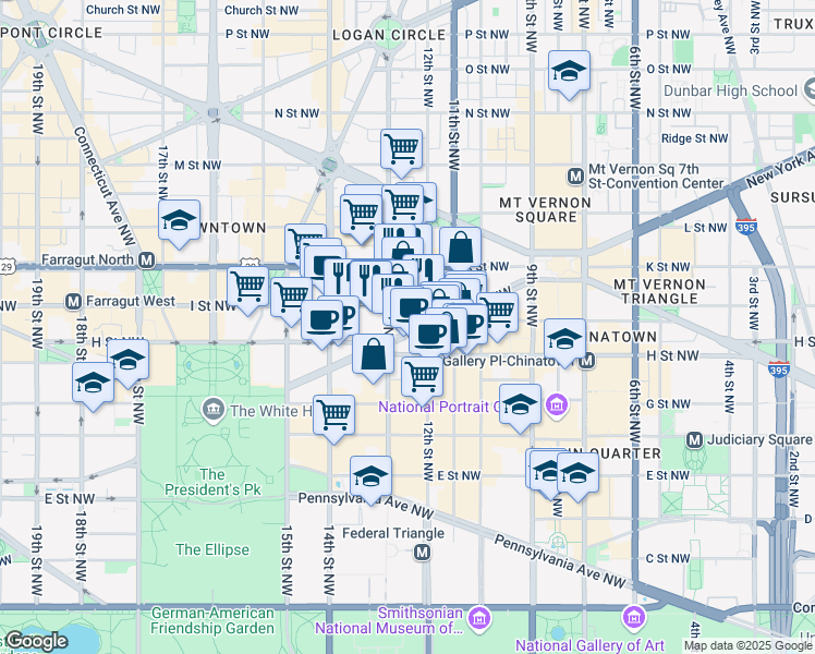 map of restaurants, bars, coffee shops, grocery stores, and more near 1225 New York Avenue Northwest in Washington
