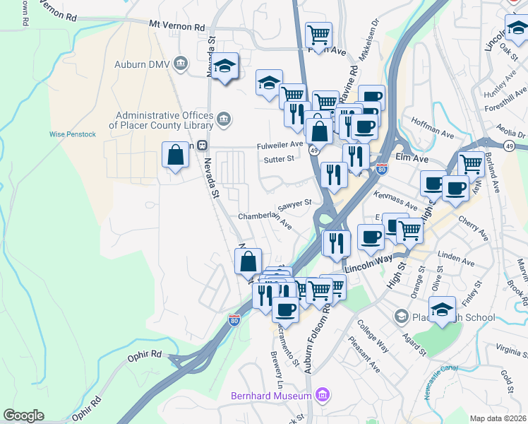map of restaurants, bars, coffee shops, grocery stores, and more near 356 Chamberlain Avenue in Auburn