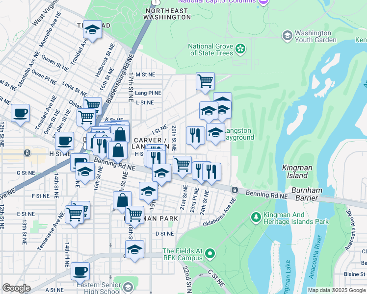 map of restaurants, bars, coffee shops, grocery stores, and more near 814 21st Street Northeast in Washington
