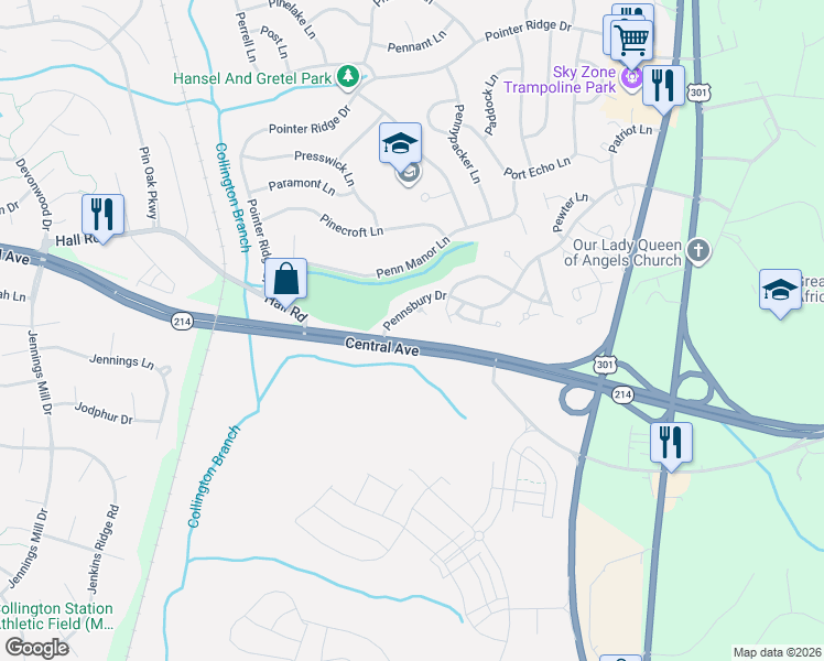 map of restaurants, bars, coffee shops, grocery stores, and more near 15900 Central Avenue in Upper Marlboro
