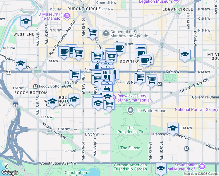 map of restaurants, bars, coffee shops, grocery stores, and more near 800 17th Street Northwest in Washington