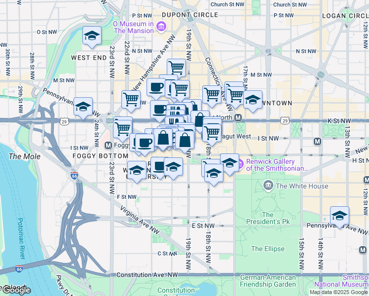 map of restaurants, bars, coffee shops, grocery stores, and more near 1901 Pennsylvania Avenue Northwest in Washington