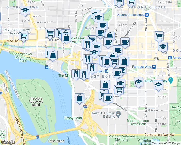 map of restaurants, bars, coffee shops, grocery stores, and more near I Street Northwest & 25th Street Northwest in Washington