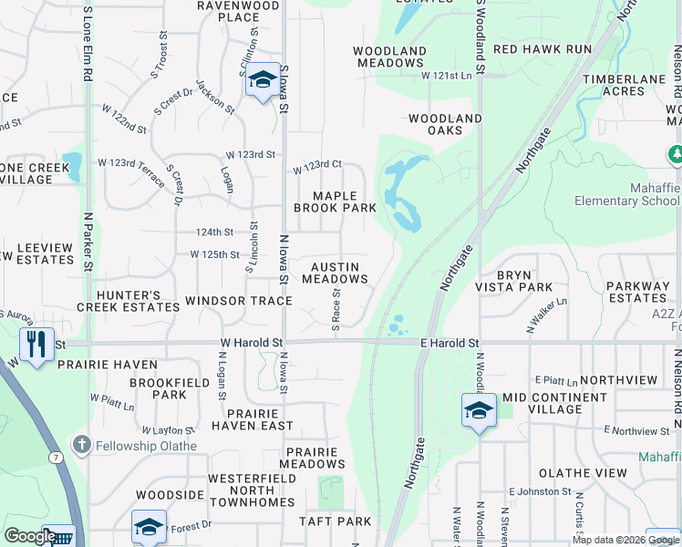 map of restaurants, bars, coffee shops, grocery stores, and more near 21956 West 125th Place in Olathe