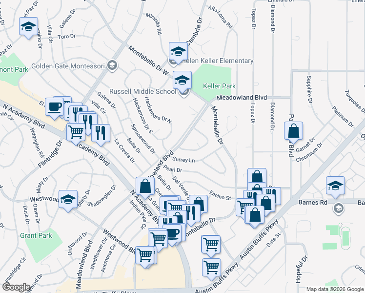 map of restaurants, bars, coffee shops, grocery stores, and more near 4465 Meadowland Boulevard in Colorado Springs