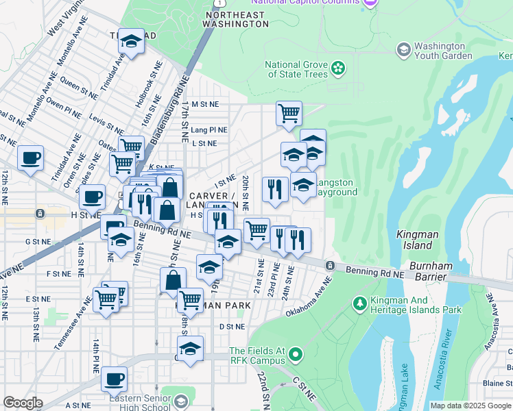map of restaurants, bars, coffee shops, grocery stores, and more near 814 21st Street Northeast in Washington
