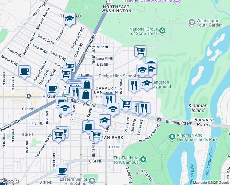 map of restaurants, bars, coffee shops, grocery stores, and more near 101 Independence Avenue Southeast in Washington