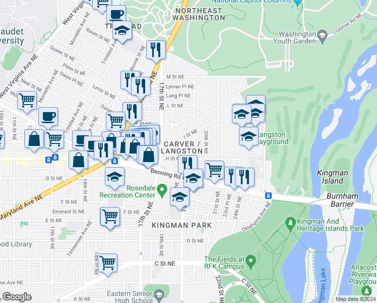 map of restaurants, bars, coffee shops, grocery stores, and more near 101 Independence Avenue Southeast in Washington