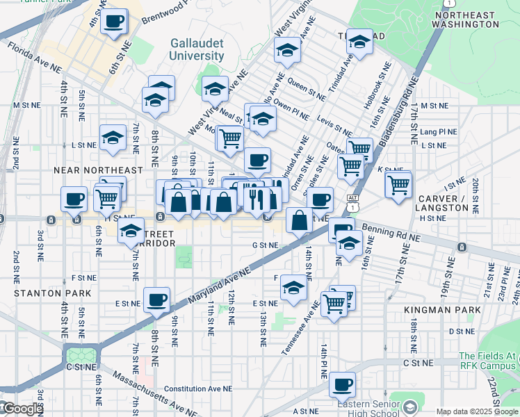 map of restaurants, bars, coffee shops, grocery stores, and more near 101 Independence Avenue Southeast in Washington