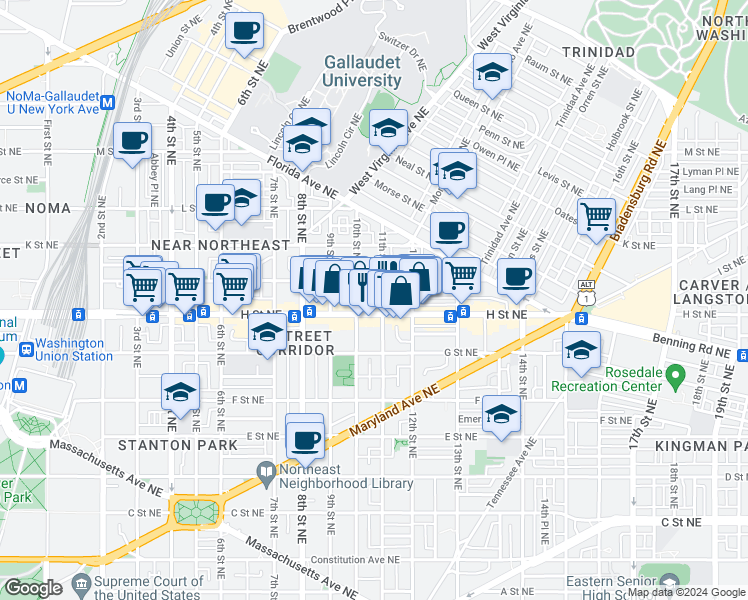 map of restaurants, bars, coffee shops, grocery stores, and more near 101 Independence Avenue Southeast in Washington
