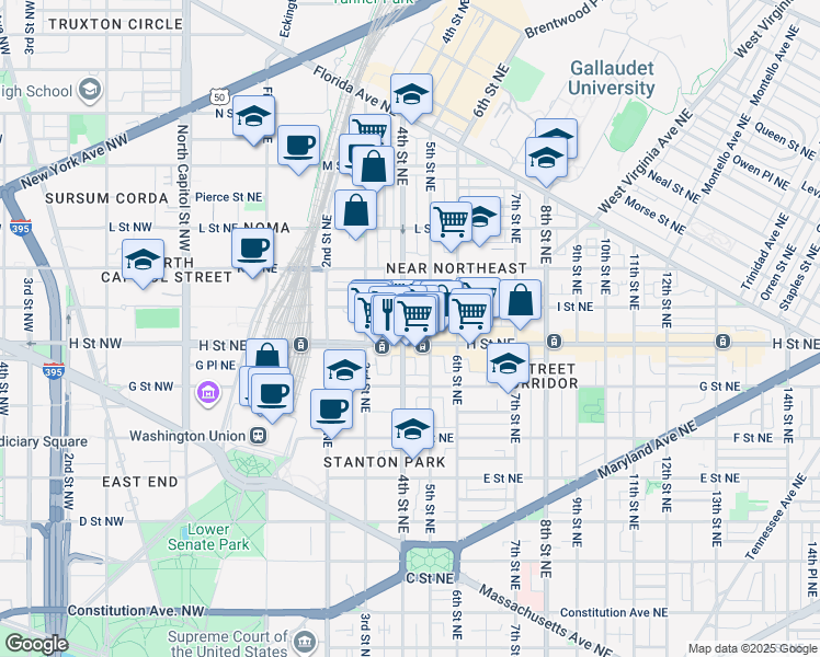map of restaurants, bars, coffee shops, grocery stores, and more near 101 Independence Avenue Southeast in Washington
