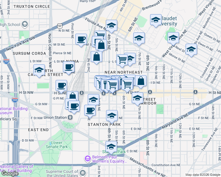 map of restaurants, bars, coffee shops, grocery stores, and more near 101 Independence Avenue Southeast in Washington