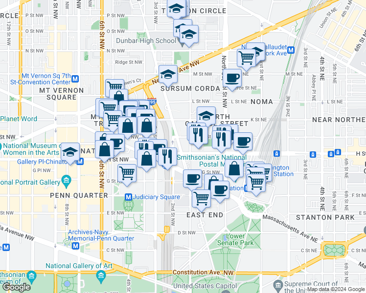 map of restaurants, bars, coffee shops, grocery stores, and more near 101 Independence Avenue Southeast in Washington