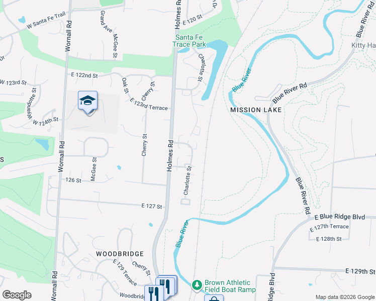 map of restaurants, bars, coffee shops, grocery stores, and more near 741 East 124 Street in Kansas City