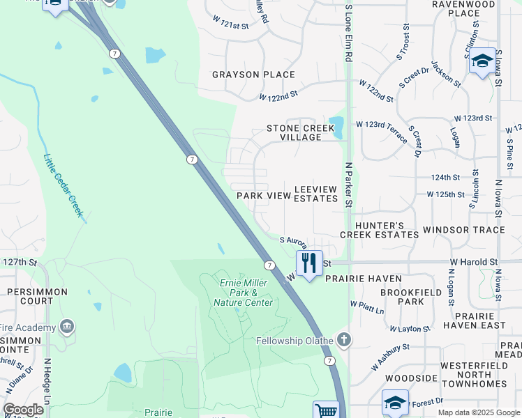 map of restaurants, bars, coffee shops, grocery stores, and more near 12523 Chelsea Street in Olathe