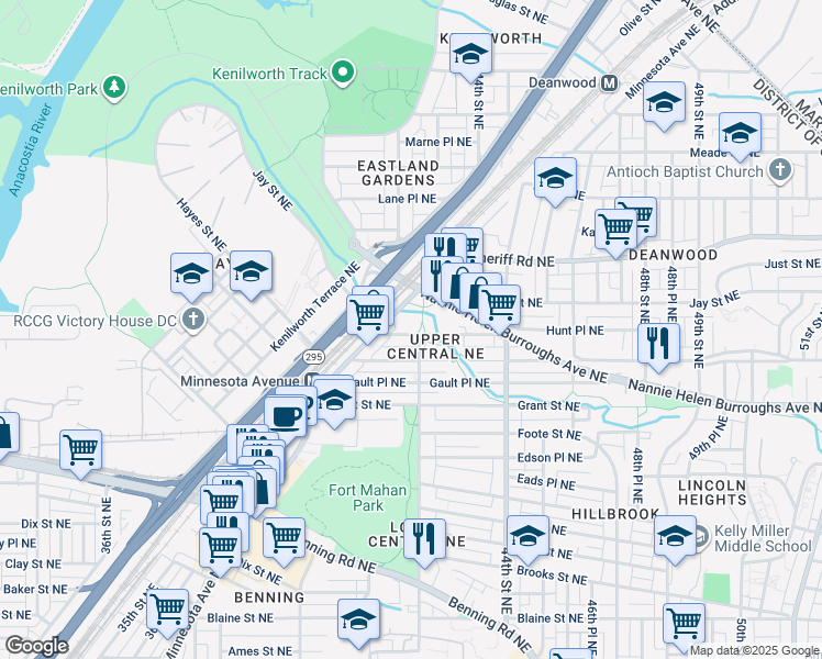 map of restaurants, bars, coffee shops, grocery stores, and more near 4130 Hunt Place Northeast in Washington