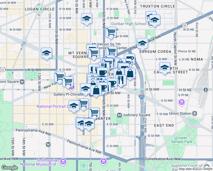 map of restaurants, bars, coffee shops, grocery stores, and more near 510 I Street Northwest in Washington