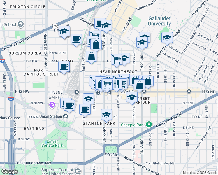 map of restaurants, bars, coffee shops, grocery stores, and more near 101 Independence Avenue Southeast in Washington
