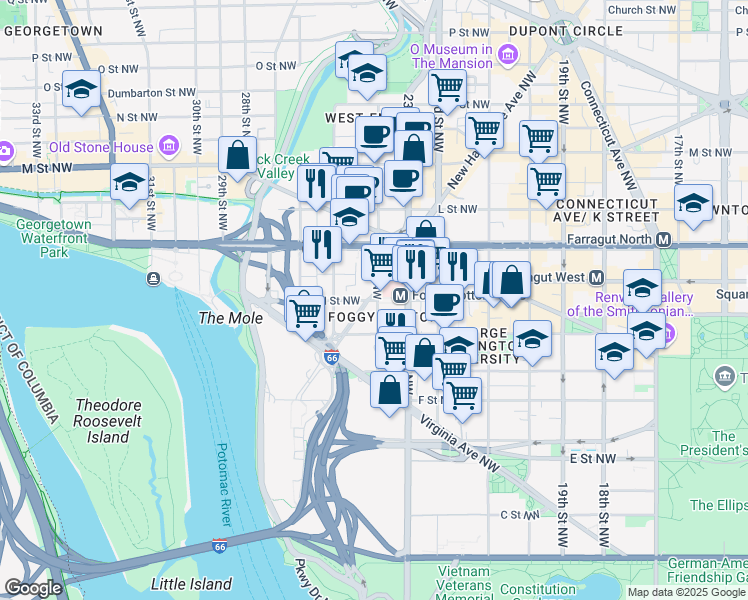 map of restaurants, bars, coffee shops, grocery stores, and more near 900 24th Street Northwest in Washington